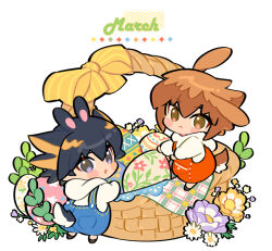 2boys alternate_costume animal_ears arms_up basket black_hair blue_eyes blue_overalls blush_stickers bow brown_hair chibi chinese_commentary commentary_request daisy easter easter_egg egg flower fudo_yusei full_body gingham hair_between_eyes hood hood_down hoodie in-franchise_crossover jiayu_long kemonomimi_mode leaf looking_back male_focus multicolored_hair multiple_boys overalls pink_flower purple_flower rabbit_boy rabbit_ears rabbit_tail red_overalls short_hair sidelocks spiked_hair spring_(season) standing streaked_hair tail white_background white_flower wicker_basket yellow_bow yellow_flower yu-gi-oh! yu-gi-oh!_5d&#039;s yu-gi-oh!_gx yuki_judai