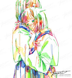  2girls artist_name colorful commentary_request crying crying_with_eyes_open from_side hatching_(texture) long_sleeves medium_hair multiple_girls original pleated_skirt sailor_collar sailor_shirt school_uniform serafuku shirt short_hair signature simple_background skirt standing tears upper_body watanabe_tomari watermark white_background 