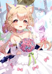  1girl :d alloces_(angelic_link) angelic_link animal_ear_fluff animal_ears bare_shoulders bell blue_flower blush bouquet bow braid collarbone commentary_request cross-shaped_pupils detached_sleeves dress flower frilled_dress frills glaze_artifacts gloves hair_between_eyes hair_bun holding holding_bouquet light_brown_hair long_hair long_sleeves looking_at_viewer open_mouth penis pink_bow pink_flower pink_rose purple_flower red_eyes rose siera_(sieracitrus) smile solo strapless strapless_dress symbol-shaped_pupils tail very_long_hair white_dress white_gloves white_sleeves window 