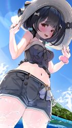  1girl bare_arms bare_shoulders black_hair blush breasts commentary_request curvy denim denim_shorts embarrassed granblue_fantasy hand_on_headwear hat highres kajimakoto looking_at_viewer medium_hair midriff narrow_waist navel ocean paid_reward_available red_eyes scrunchie short_sleeves shorts solo stomach strapless sun_hat swimsuit tube_top vikala_(granblue_fantasy) w_arms wide_hips wrist_scrunchie  rating:Sensitive score:27 user:danbooru