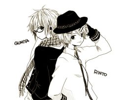  2boys :p anzu_(o6v6o) back-to-back character_name earbuds earphones fedora genderswap genderswap_(ftm) glasses greyscale gumiya hair_ornament hairpin hand_in_pocket hand_on_own_head hat kagamine_rinto long_sleeves looking_at_viewer looking_back male_focus monochrome multiple_boys plaid plaid_scarf scarf tongue tongue_out upper_body vocaloid 