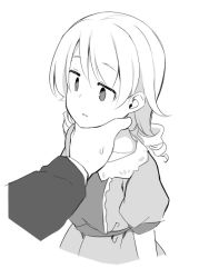 1boy 1girl bad_id bad_twitter_id collarbone cropped_torso dress drill_hair expressionless greyscale hand_on_another&#039;s_neck idolmaster idolmaster_cinderella_girls looking_at_another medium_hair monochrome morikubo_nono out_of_frame parted_lips producer_(idolmaster) ringlets simple_background sketch solo_focus sweatdrop uccow upper_body rating:Sensitive score:29 user:danbooru