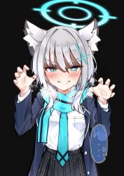  ... 1girl absurdres animal_ear_fluff animal_ears black_background black_jacket black_skirt blue_archive blue_eyes blue_halo blue_necktie blue_scarf blush bright_pupils claw_pose clov_er cross_hair_ornament grey_hair grin hair_between_eyes hair_ornament halo highres jacket long_sleeves looking_at_viewer mismatched_pupils necktie open_clothes open_jacket scarf shiroko_(blue_archive) shirt shirt_tucked_in simple_background skirt smile speech_bubble spoken_ellipsis white_pupils white_shirt wolf_ears 