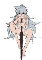  1boy bandages genshin_impact grey_hair looking_at_viewer male_focus nude razor_(genshin_impact) red_eyes solo  rating:Explicit score:12 user:Flavortown
