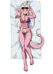  1girl abs android_21 barefoot beach_towel bikini black_nails blue_bikini blue_eyes breasts colored_skin costume dragon_ball dragon_ball_fighterz dragonball_z feet glasses_on_head highres large_breasts long_hair looking_at_viewer majin_android_21 monster_girl multicolored_bikini multicolored_clothes muscular muscular_arms muscular_female muscular_legs navel one_eye_closed pink_skin pointy_ears red_bikini smile spiked_hair sunglasses sunglasses_on_head swimsuit tail thighs towel white_hair wink zequung zquung  rating:Questionable score:17 user:geltrudemax21