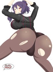 1girl absurdres all_fours annoyed ass blush breasts fat_mons from_behind frown highres huge_ass large_breasts leotard long_hair looking_at_viewer looking_back pantyhose purple_hair red_eyes red_rad_rebel senran_kagura shiny_clothes sideboob solo rin_(senran_kagura) top-down_bottom-up torn_clothes torn_pantyhose white_background rating:Questionable score:18 user:armorcrystal