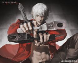  1boy abs absurdres aiming aiming_at_viewer belt_bra bishounen black_gloves blue_eyes coat dante_(devil_may_cry) devil_may_cry devil_may_cry_(series) devil_may_cry_3 ebony_&amp;_ivory finger_on_trigger fingerless_gloves gloves gun hair_between_eyes handgun highres holding holding_gun holding_weapon looking_at_viewer male_focus muscular muscular_male pointing_gun pointing_weapon qvlv_kuzi_feichuan red_coat solo weapon white_hair 