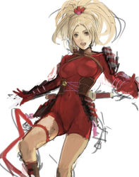  1girl armor artist_request blonde_hair bodysuit breasts female_focus hair_ornament hairpin happy hip_focus knees leg_ribbon legs long_hair looking_at_viewer namco natsu_(soulcalibur) navel ninja open_mouth ribbon sketch skin_tight solo soul_calibur soulcalibur soulcalibur_v source_request thigh_ribbon thighs updo vambraces weapon  rating:Sensitive score:18 user:xkalyd
