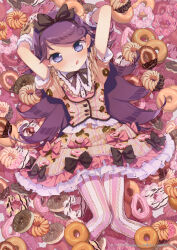 1girl :q absurdres arms_up bad_id bad_pixiv_id bow brown_bow brown_ribbon brown_shirt brown_skirt chocolate_doughnut doughnut doughnut_print feet_out_of_frame food food-themed_background french_cruller frilled_skirt frills from_above highres holding holding_food kiratto_pri_chan long_hair looking_at_viewer lying neck_ribbon nkohime on_back pantyhose pink_pantyhose pon_de_ring pretty_series puffy_short_sleeves puffy_sleeves purple_eyes purple_hair ribbon shido_mel shirt short_sleeves skirt smile solo tongue tongue_out too_many translation_request very_long_hair wrist_cuffs
