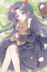  1girl black_dress blue_hair book clannad commentary_request dress feet_out_of_frame flower hair_bobbles hair_ornament highres hugging_doll hugging_object ichinose_kotomi juliet_sleeves long_hair long_sleeves lying puffy_sleeves purple_eyes sakura_aki solo stuffed_animal stuffed_toy teddy_bear two_side_up 
