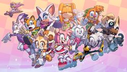  6+girls absurdres adventures_of_sonic_the_hedgehog amy_rose animal_ears bat_ears bat_wings beak blaze_the_cat breasts bunny_ears bunny_girl cat_ears cat_girl character_request commentary cream_the_rabbit english_commentary evan_stanley eyelashes eyeshadow eyewear_on_head fang flat_chest freckles furry group_picture highres hover_board jumping long_eyelashes makeup marine_the_raccoon multiple_girls official_art rouge_the_bat second-party_source small_breasts sonic_(series) sunglasses tangle_the_lemur tikal_the_echidna vanilla_the_rabbit wave_the_swallow whisper_the_wolf wings women&#039;s_day 