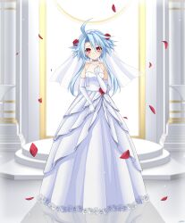 1girl absurdres ahoge alexstardust31 alternate_costume bare_shoulders blue_hair blush breasts bridal_veil bride choker commentary commission dated dress elbow_gloves english_commentary falling_petals full_body gloves grey_choker hair_between_eyes highres leotard light_blue_hair light_smile looking_at_viewer neptune_(series) petals power_symbol power_symbol-shaped_pupils red_eyes reflective_floor short_hair_with_long_locks signature small_breasts solo standing symbol-shaped_pupils torn_clothes torn_leotard veil wedding_dress white_dress white_gloves white_heart_(neptunia) 