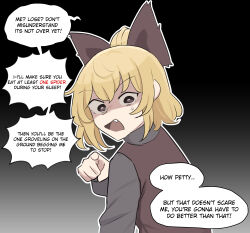  1girl anger_vein black_background blonde_hair bow bright_pupils brown_bow brown_eyes commentary english_commentary english_text fang gradient_background hair_bow highres kurodani_yamame looking_at_viewer mata_(matasoup) open_mouth outdoors outline short_hair solo speech_bubble touhou upper_body white_outline white_pupils 