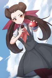  1girl absurdres ascot brown_hair closed_mouth cloud cloudy_sky collared_shirt cometeau_poke commentary_request creatures_(company) dress game_freak grey_dress highres holding holding_poke_ball long_hair looking_at_viewer nintendo pantyhose poke_ball poke_ball_(basic) pokemon pokemon_oras red_ascot red_eyes roxanne_(pokemon) shirt short_sleeves sky twintails white_shirt 