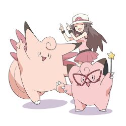  1girl :d agt_bp black_wristband blush_stickers brown_hair bucket_hat claws clefable clefairy colored_skin creatures_(company) finger_wagging game_freak gen_1_pokemon glasses happy hat highres holding holding_wand index_finger_raised leaf_(pokemon) light_blush long_hair nintendo open_mouth pink_skin pokemon pokemon_(creature) pokemon_frlg pokemon_stadium red-framed_eyewear shirt skirt sleeveless sleeveless_shirt smile standing star_(symbol) wand white_background wings wristband 