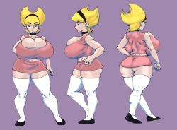  1girl absurdres alternate_ass_size alternate_body_size alternate_breast_size bare_arms bare_shoulders black_choker black_footwear blonde_hair blue_eyes breasts choker cleavage collar curvy darkeros full_body hand_on_own_hip highres horns huge_breasts mandy_(billy_&amp;_mandy) mandy_(grim_adventures) microskirt midriff shoes short_hair simple_background skindentation skirt standing the_grim_adventures_of_billy_&amp;_mandy thick_thighs thighhighs thighs white_thighhighs wide_hips zettai_ryouiki  rating:Questionable score:58 user:Evil_Emperor_Proteus