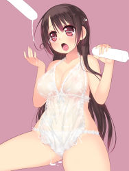  1girl arima_senne bad_id bad_pixiv_id bare_shoulders black_hair blush cupping_hand food glasses highres kashiwamochi_yomogi lingerie long_hair open_mouth original popsicle red_eyes sexually_suggestive solo suggestive_fluid sweat underwear  rating:Questionable score:50 user:danbooru