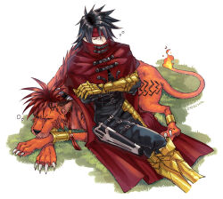  1782seta 2boys animal armor beads belt black_belt black_hair black_pants black_shirt body_markings border bracer clawed_gauntlets claws cloak closed_eyes commentary crossed_arms crossed_legs earrings facial_mark feather_hair_ornament feathers feet_out_of_frame final_fantasy final_fantasy_vii final_fantasy_vii_rebirth final_fantasy_vii_remake flame-tipped_tail full_body gold_armor grass hair_beads hair_ornament headband highres jewelry long_hair male_focus multiple_belts multiple_boys orange_fur outdoors pants red_cloak red_hair red_headband red_xiii scar scar_across_eye shirt sidelocks sleeping symbol-only_commentary twitter_username vincent_valentine white_border  rating:General score:0 user:danbooru