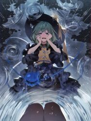  1girl artist_name black_hat black_pantyhose blush collared_shirt commentary_request crying crying_with_eyes_open diagonal_bangs enoki_3106 frilled_shirt_collar frilled_skirt frilled_sleeves frills green_eyes green_hair hair_between_eyes hands_on_own_cheeks hands_on_own_face hat hat_ribbon highres komeiji_koishi medium_hair open_mouth outdoors pantyhose pov rain reflection reflective_water ribbon ripples shirt signature skirt solo straight-on streaming_tears tears teeth third_eye touhou upper_teeth_only water_drop yellow_ribbon yellow_shirt 