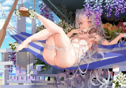 1girl arm_scrunchie ass azur_lane bare_shoulders barefoot bikini blue_eyes breasts double_bun feet finger_on_tongue flower hair_between_eyes hair_bun hammock headphones headphones_around_neck highres knees_together_feet_apart le_malin_(azur_lane) le_malin_(mercredi_at_the_secret_base)_(azur_lane) legs legs_up long_hair looking_at_viewer lying on_back plant purple_flower scrunchie sidelocks silver_hair slingshot_swimsuit small_breasts solo swimsuit symbol-shaped_pupils thigh_strap thighs toes tongue tongue_out very_long_hair white_bikini white_flower white_scrunchie wisteria wowowo-chan yellow_flower  rating:Questionable score:67 user:ILoveThiccThighs