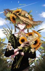  1boy altimaen_iten amami_rantaro bishounen black_shirt black_sleeves blue_sky bouquet brown_pants closed_mouth cloud collarbone cowboy_shot daisy danganronpa_(series) danganronpa_v3:_killing_harmony day ear_piercing english_text eyelashes fern fingernails flower green_eyes green_hair hair_between_eyes hair_flower hair_ornament hat hat_flower holding holding_bouquet jewelry leaf long_sleeves looking_at_viewer male_focus multiple_bracelets multiple_rings outdoors pants petals piercing rainbow ring shirt short_hair sky smile solo straight-on straw_hat sun_hat sunflower third-party_source white_flower yellow_flower yellow_hat 