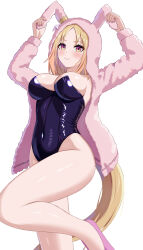  1girl absurdres animal_ear_hood animal_ears arms_up black_leotard blonde_hair blush breasts cleavage closed_mouth commentary_request covered_navel ear_covers fake_animal_ears fuji_noriho highres hood hoodie horse_ears horse_girl horse_tail large_breasts leotard long_hair long_sleeves looking_at_viewer narita_top_road_(umamusume) nontraditional_playboy_bunny parted_bangs pink_footwear pink_hoodie simple_background smile solo standing standing_on_one_leg strapless strapless_leotard tail umamusume white_background yellow_eyes 