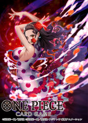  1girl arms_up bashikou breasts commentary_request copyright_name dress earrings floating_clothes floating_hair flower flower_in_mouth frilled_dress frills hair_flower hair_ornament hair_slicked_back highres jewelry large_breasts long_dress looking_back official_art one_piece petals red_eyes red_flower red_petals red_rose rose sideboob smoke turtleneck turtleneck_dress viola_(one_piece) 