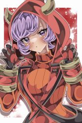  1girl :o blush border breasts claw_pose courtney_(pokemon) creatures_(company) dress fake_horns game_freak gloves hands_up head_tilt highres hood hood_up horned_hood horns looking_at_viewer nintendo outline parted_lips pokemon pokemon_oras purple_eyes purple_hair red_background red_gloves red_hood ribbed_dress shiki_(kisikisi1007) short_hair small_breasts sweater sweater_dress team_magma team_magma_uniform turtleneck turtleneck_dress two-tone_gloves upper_body white_border white_outline 