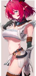  1girl absurdres armpits black_gloves blue_eyes breasts cleavage getto gloves halo heterochromia highres hololive hololive_english horns irys_(hololive) irys_(irys_2.0)_(hololive) kirin_(armor) large_breasts loincloth looking_at_viewer monster_hunter_(series) navel red_eyes red_hair short_hair solo underboob virtual_youtuber 