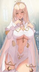  1girl absurdres between_breasts between_thighs blonde_hair blush breasts center_opening cleavage cleric contrapposto cowboy_shot fang garter_straps gold hair_between_eyes highres jewelry large_breasts layered_sleeves long_hair long_sleeves looking_at_viewer navel necklace nijisanji no_panties nui_sociere nui_sociere_(6th_costume) official_alternate_costume open_mouth pelvic_curtain puffy_short_sleeves puffy_sleeves short_over_long_sleeves short_sleeves side_slit skin_fang smile solo thighhighs tiara underboob veil very_long_hair virtual_youtuber wabimochi white_thighhighs yellow_eyes  rating:Sensitive score:65 user:danbooru