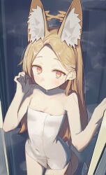  1girl after_bathing alternate_costume animal_ear_fluff animal_ears bare_arms bare_shoulders blonde_hair blue_archive closed_mouth commentary_request covered_navel extra_ears flat_chest forehead fox_ears fox_girl fox_tail gradient_eyes halo highres long_hair looking_at_viewer multicolored_eyes naked_towel seia_(blue_archive) solo syhan tail towel wet_face white_towel yellow_eyes yellow_halo 