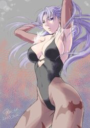  1girl armpits arms_behind_head artist_name blue_eyes breasts capcom cleavage covered_navel demon_girl half-closed_eyes highres large_breasts legs leotard long_hair looking_at_viewer morrigan_aensland pantyhose parted_lips pink_lips purple_hair seductive_gaze serious solo thighs vampire_(game) 
