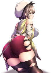 1girl artist_request ass atelier_(series) atelier_ryza bare_shoulders blush boots breasts brown_eyes brown_hair cameltoe from_behind hat highres kneeling large_breasts looking_at_viewer looking_back open_mouth red_shorts reisalin_stout shiny_clothes shiny_skin short_hair short_shorts shorts sideboob simple_background skindentation solo thigh_boots thighhighs white_background rating:Questionable score:13 user:armorcrystal