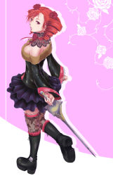 1girl amy_sorel bare_shoulders boots breasts detached_collar drill_hair fishnet_legwear fishnets flower fur_trim gothic_lolita hair_flower hair_ornament highres kenbi_(hi_himmy) lolita_fashion red_eyes red_hair simple_background solo soul_calibur soulcalibur soulcalibur_iv twin_drills twintails rating:Questionable score:13 user:twilight_jester