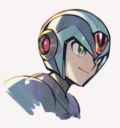  1boy android armor blue_armor blue_helmet forehead_jewel fumfum491 green_eyes grey_background helmet male_focus mega_man_(series) mega_man_x_(series) simple_background smile solo upper_body x_(mega_man) 