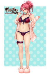  1girl apron bare_legs bare_shoulders blouse blush bra breasts cleavage collarbone copyright_name frilled_apron frilled_bra frills full_body gang_of_heaven groin large_breasts bridal_garter legs_apart lingerie long_hair long_sleeves looking_at_viewer masami_chie navel off_shoulder official_art one_eye_closed open_pajamas outside_border pajamas panties pink_footwear pink_shirt polka_dot polka_dot_background ponytail print_shirt purple_bra purple_panties red_eyes red_hair shirt sidelocks slippers solo standing stomach unbuttoned underwear  rating:Sensitive score:50 user:danbooru