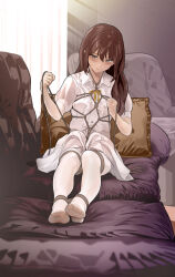 1girl bdsm blush bondage bound bound_ankles bound_legs bound_thighs bound_torso brown_hair couch dress feet female_focus full_body highres long_hair looking_at_viewer no_shoes original pantyhose pillow restrained rope self_bondage shibari shibari_over_clothes soles solo white_pantyhose yewang19 rating:Questionable score:156 user:danbooru