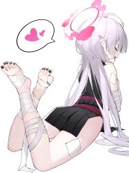 1girl absurdres ahoge bandaged_arm bandaged_leg bandages bare_shoulders black_nails blue_archive blush feet feet_up from_behind grey_hair halo happy heart highres japanese_clothes legs long_hair makir nail_polish open_mouth pointy_ears red_eyes red_halo sash shuro_(blue_archive) simple_background smile solo toenail_polish toenails toes white_background rating:Sensitive score:64 user:danbooru