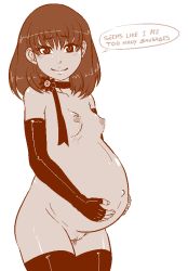  bdsm blush breasts elbow_gloves fingerless_gloves gloves lactation loli looking_at_viewer monochrome piercing pregnant pussy small_breasts smile solo standing thighhighs uncensored vatmang  rating:Explicit score:54 user:lolilogic