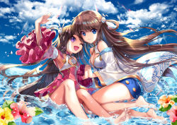  2girls ;d bare_legs beach blue_dress blue_eyes blue_oath breasts brown_hair cleavage cleavage_cutout closed_mouth clothing_cutout collarbone commentary_request crescent crescent_cutout cu-rim day detached_sleeves dress hair_ornament hair_rings highres long_hair long_sleeves medium_breasts multiple_girls ning_hai_(blue_oath) ocean one_eye_closed open_mouth outdoors pelvic_curtain ping_hai_(blue_oath) pink_dress purple_eyes rabbit_hair_ornament short_dress sidelocks sitting sky smile thigh_strap wading water wide_sleeves 