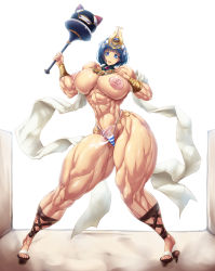  1girl absurdres blue_eyes breasts egyptian extreme_muscles female_focus full_body highres huge_breasts jewelry menace_(queen&#039;s_blade) muscular nipples outdoors panties purukogi_(plasma_beach) queen&#039;s_blade short_hair sky solo striped_clothes striped_panties thick_thighs thighs underwear  rating:Explicit score:25 user:SEGA