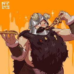 1boy bara beard belly brown_hair dungeon_meshi dwarf eating facial_hair fake_horns fat fat_man food helmet highres horned_helmet horns incoming_food long_beard male_focus pizza pizza_slice senshi_(dungeon_meshi) solo sparkle tearing_up thick_mustache timo_(timotimo628) toned toned_male topless_male very_long_beard