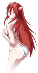 1girl ass breasts cordelia_(fire_emblem) covering_privates dimples_of_venus fire_emblem fire_emblem_awakening from_behind long_hair looking_at_viewer looking_back nintendo panties red_eyes red_hair simple_background smile solo standing thor_(deep_rising) topless underwear very_long_hair white_panties rating:Questionable score:53 user:pervus