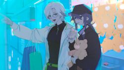  2boys :d arcade backlighting bag baseball_cap belt black_choker black_eyes black_hat black_jacket bubble_tea choker commission cowboy_shot crane_(machine) drink drinking_straw earrings gen_1_pokemon glasses green_belt green_trim grey_eyes hair_between_eyes hand_in_pocket hand_up hat highres holding holding_drink holding_stuffed_toy indoors jacket jewelry long_sleeves looking_at_another makagi2 multiple_boys multiple_piercings open_collar open_mouth original outstretched_hand parted_bangs parted_lips piercing pointing ponyta purple_hair shopping_bag short_hair side-by-side skeb_commission smile stud_earrings stuffed_animal stuffed_toy teddy_bear three_quarter_view transparent_eyewear turtleneck unkempt white_hair white_jacket zipper zipper_pull_tab 