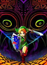  1boy abstract_background blue_eyes boots butiboco clenched_teeth green_headwear green_tunic holding holding_sword holding_weapon hylian_shield link majora_(entity) nintendo pointy_ears running shield sword teeth the_legend_of_zelda the_legend_of_zelda:_majora&#039;s_mask weapon young_link 
