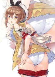 1girl :o ass atelier_(series) atelier_ryza atelier_ryza_1 bad_id bad_pixiv_id bare_shoulders beret breasts brown_eyes brown_hair clothes_pull commentary_request cowboy_shot from_behind hat highres looking_at_viewer looking_back medium_breasts nonon_(xenonbot) open_mouth panties red_shorts reisalin_stout short_hair short_shorts shorts shorts_pull sidelocks simple_background solo sweat underwear v-shaped_eyebrows white_background white_hat white_panties zoom_layer rating:Sensitive score:13 user:danbooru