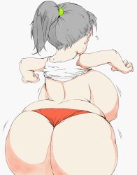  1girl ass ass_expansion back backboob bare_shoulders breast_expansion breasts breasts_out from_behind gigantic_breasts highres huge_ass huge_breasts motion_lines nipples oppai_loli orange_panties original panties ponytail shirt solo tank_top tixil underwear white_background white_shirt wide_hips  rating:Questionable score:78 user:JustHere4Butts