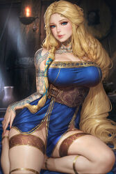  1girl anklet arm_tattoo blonde_hair blue_dress blue_eyes breasts dress freckles god_of_war_ragnarok gold_trim hair_tubes highres jewelry large_breasts lips long_hair looking_at_viewer mature_female neck_tattoo neoartcore sif_(god_of_war) sitting solo tattoo thighlet very_long_hair  rating:Sensitive score:13 user:danbooru