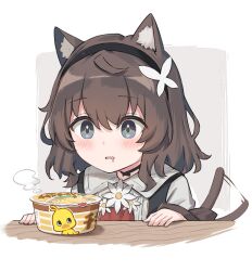 1girl afterimage animal_ear_fluff animal_ears black_hairband black_vest brown_hair cat_ears cat_girl cat_tail check_commentary collared_shirt commentary_request cup_ramen drooling grey_eyes hairband highres hiyoko-chan kurioshi_fio mascot medium_hair motion_lines nissin nissin_chicken_ramen original satou_(3366_s) shirt steam tail tail_wagging vest white_background white_shirt wing_collar rating:General score:4 user:danbooru