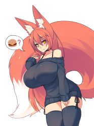  1girl ? absurdres animal_ear_fluff animal_ears black_sweater black_thighhighs breasts burger collarbone commentary_request cowboy_shot food fox_ears fox_girl fox_tail hair_between_eyes hand_up highres huge_breasts large_tail long_hair looking_at_viewer off-shoulder_sweater off_shoulder orange_hair original sam_(sub-res) simple_background skindentation sleeves_past_wrists smile solo spoken_object spoken_question_mark sub-res sweater tail thighhighs very_long_hair white_background  rating:General score:34 user:danbooru